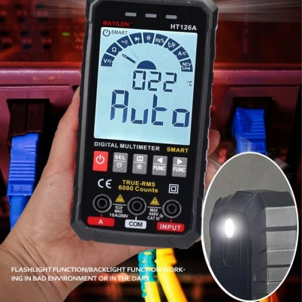 MAYILON HT126B Handheld Portable Intelligent Digital Multimeter Large VA Screen Display 6000 Counts NCV True RMS Measurement wit