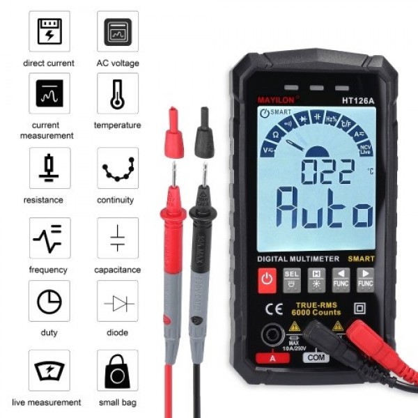 MAYILON HT126B Handheld Portable Intelligent Digital Multimeter Large VA Screen Display 6000 Counts NCV True RMS Measurement wit
