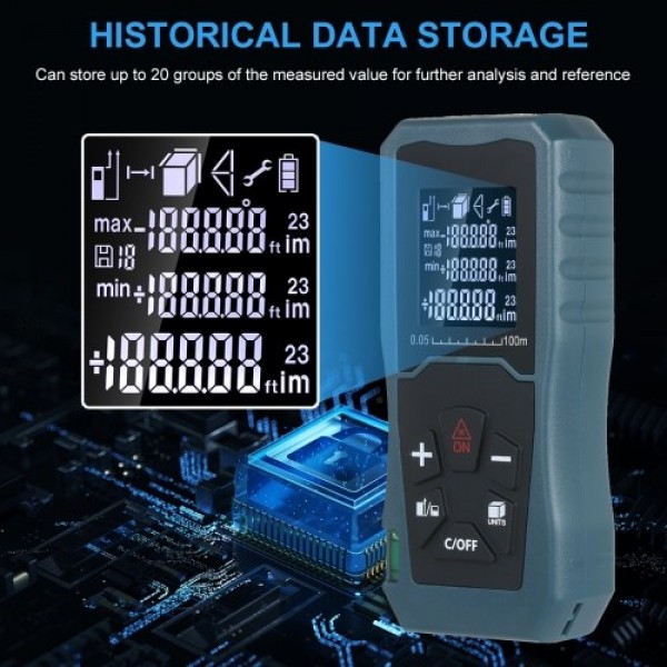 Laser Distance Meter Handheld 1.6-inch LCD Diastimeter Bubble Level Pythagorean Mode Measure Distance Area and Volume (100M)