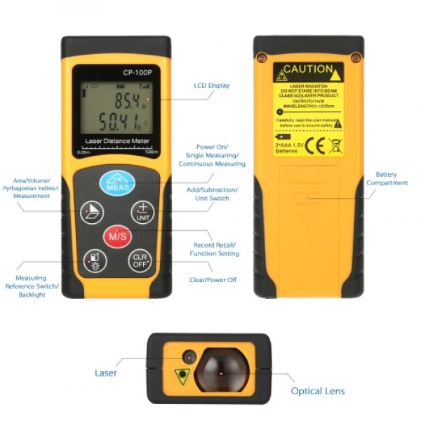 100m Portable Handheld Digital Laser Distance Meter High Precision Range Finder  Area Volume Measurement Data Storage with Backl