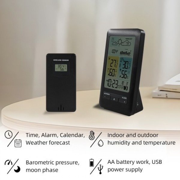 LCD Weather Station Alarm Clock with Snooze Digital Indoor Outdoor Temperature Humidity Monitor Thermohygrometer with Backlight/
