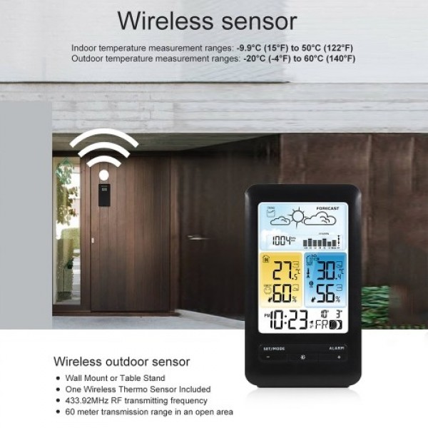 LCD Weather Station Alarm Clock with Snooze Digital Indoor Outdoor Temperature Humidity Monitor Thermohygrometer with Backlight/