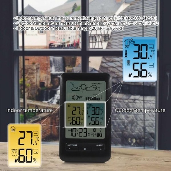 LCD Weather Station Alarm Clock with Snooze Digital Indoor Outdoor Temperature Humidity Monitor Thermohygrometer with Backlight/