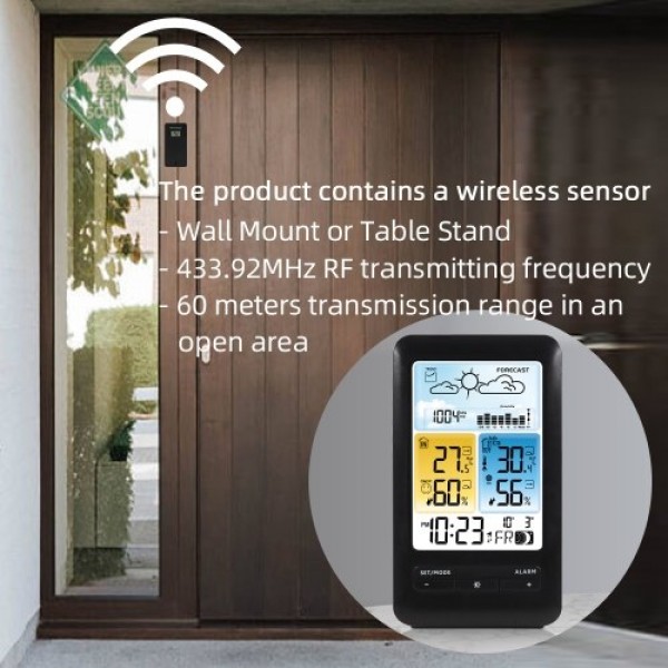 LCD Weather Station Alarm Clock with Snooze Digital Indoor Outdoor Temperature Humidity Monitor Thermohygrometer with Backlight/