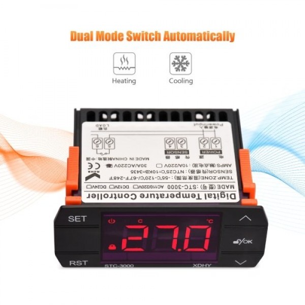 30A Digital Temperature Controller STC-3000 Intelligent Temperature Regulator AC 220V Refrigerator Thermostat Support Heating/Co