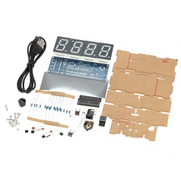 Compact 4-digit DIY Digital LED Clock Kit Light Control Temperature Date Time Display with Transparent Case
