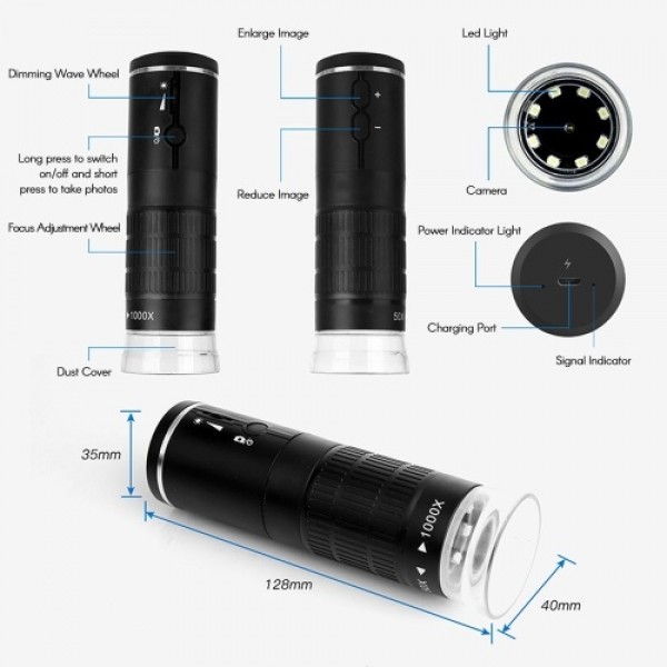 1000x Magnification Intelligent Digital Microscope Portable USB Rechargeable 2.0M Pixels High Clear PC &amp; WI-FI- Connection M