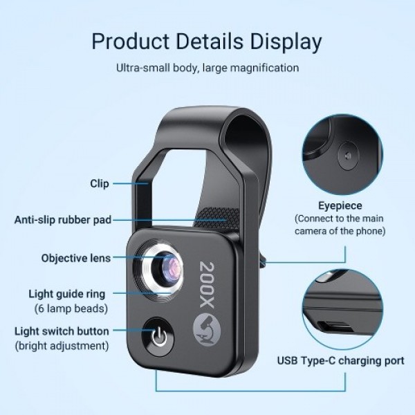 200X Portable Microscope Universal Mobilephone Microscope with 6 LED Lights 2 Level Brightness Adjustable No Need APP Multifunct