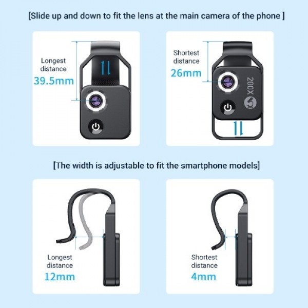 200X Portable Microscope Universal Mobilephone Microscope with 6 LED Lights 2 Level Brightness Adjustable No Need APP Multifunct