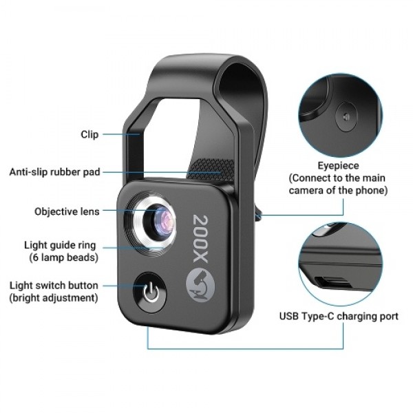 200X Portable Microscope Universal Mobilephone Microscope with 6 LED Lights 2 Level Brightness Adjustable No Need APP Multifunct