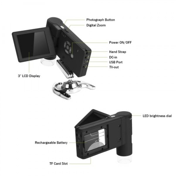 Professional Portable Handheld Mobile 3" LCD Digital Microscope 5M 10-500X up to 1200x By Digital Magnification Photo and Video 