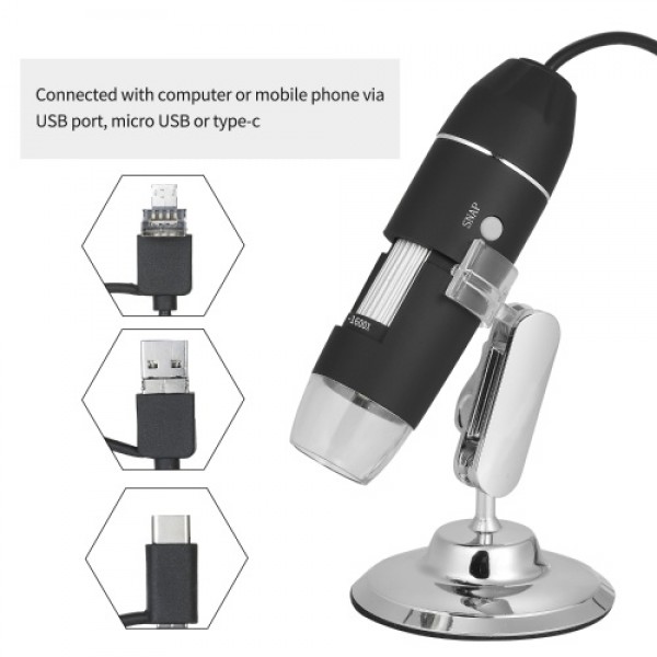USB Digital Zoom Microscope Magnifier with OTG Function 8-LED Light Magnifying Glass 1600X Magnification with Stand