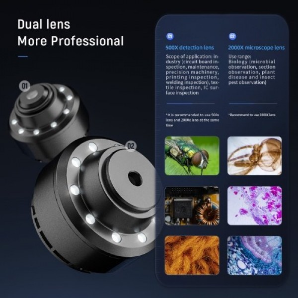 Portable Intelligent Digital Microscope 2000x Magnification Dual Lenses USB Rechargeable 5.0M Pixels High Clear