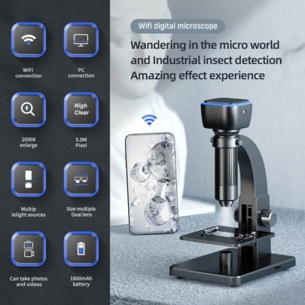 Portable Intelligent Digital Microscope 2000x Magnification Dual Lenses USB Rechargeable 5.0M Pixels High Clear