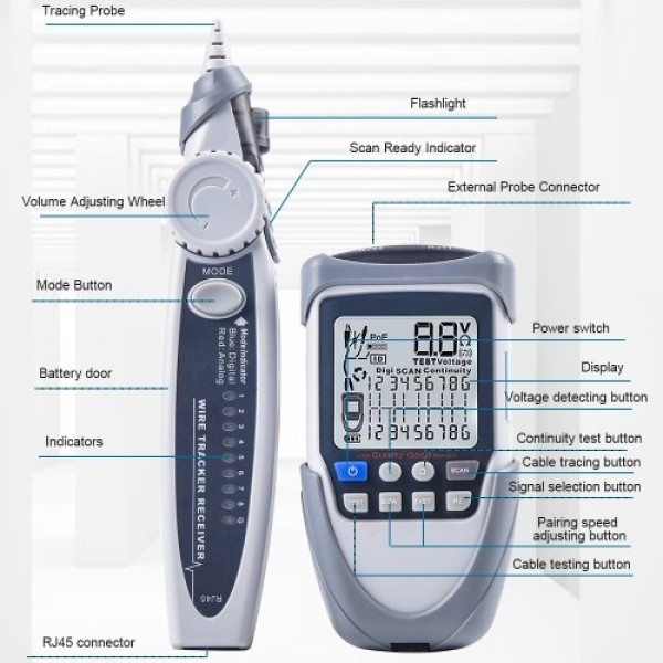 Handheld Portable Network Cable Tester LCD Large Screen Display Digital Wire Trackers Continuity Battery Voltage Polarity Checki