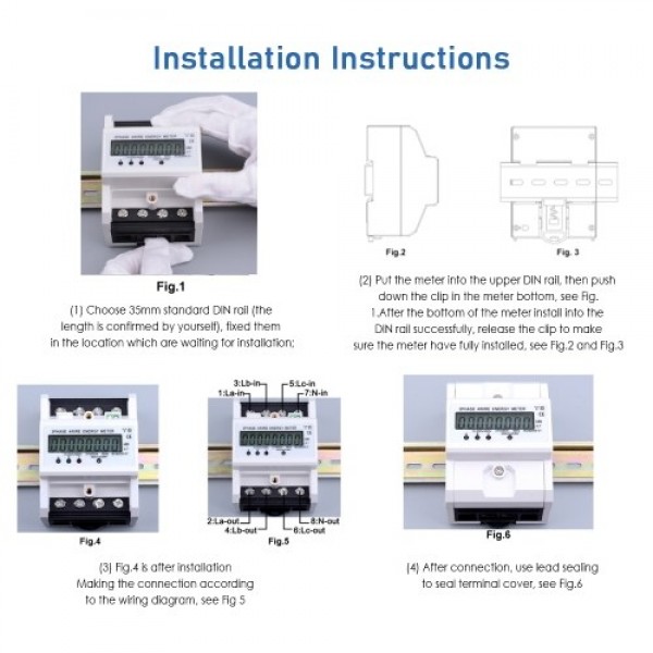 3 Phase 4 Wire Energy Meter 220/380V 5-80A Energy Consumption kWh Meter DIN Rail Installation Digital Electric Power Meter with 