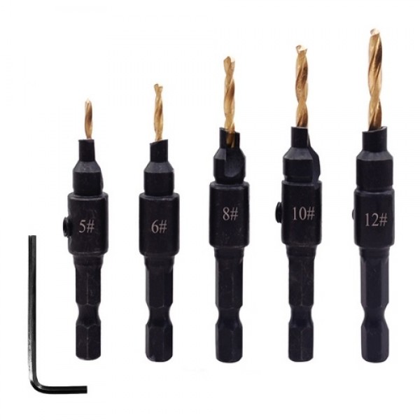 5PCS Countersink Drill Bit Set High Speed Steel with 1 Free Hex Key Wrench for Woodworking and Carpentry