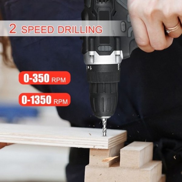 21V Cordless Drill Dirve Kit 2 Speed All Copper Cordless Power Drill with 2x1.5Ah Batteries Fast Charger 15+1 Torque Setting Max