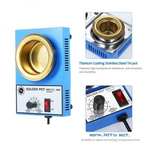 250W 220V 80mm 800g Mini Lead Free Soldering Pot Titanium Coating Stainless Steel Solder Pot Compact Temperature Adjustable Sold