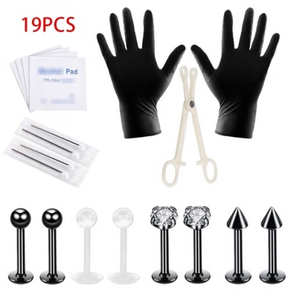 19Pcs Body Piercing Tools Kit Nose Tragus Tongue Lip Needles Piercing Bar Ring Stainless Steel Jewelry Set